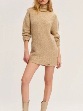 SEROYA Charlie Boucle Turtleneck Wool Blend Sweater Dress Beige XS $175